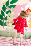 Frill sleeve twirl dress in spicy red