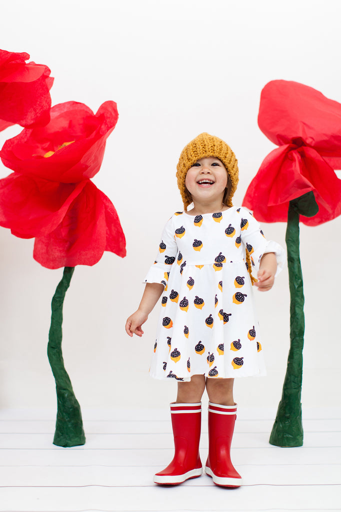 Frill sleeve twirl dress in Golden Acorns