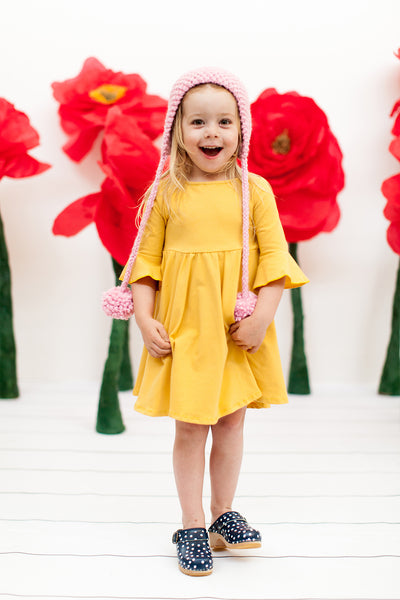 Frill sleeve twirl dress in mustard