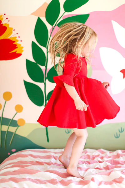 Frill sleeve twirl dress in spicy red